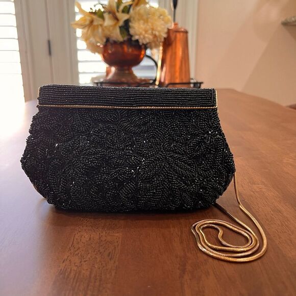 Beaded Black Shell Evening Bag Gold Chain Vintage Formal Clutch Purse 8.5x6 - Picture 3 of 9